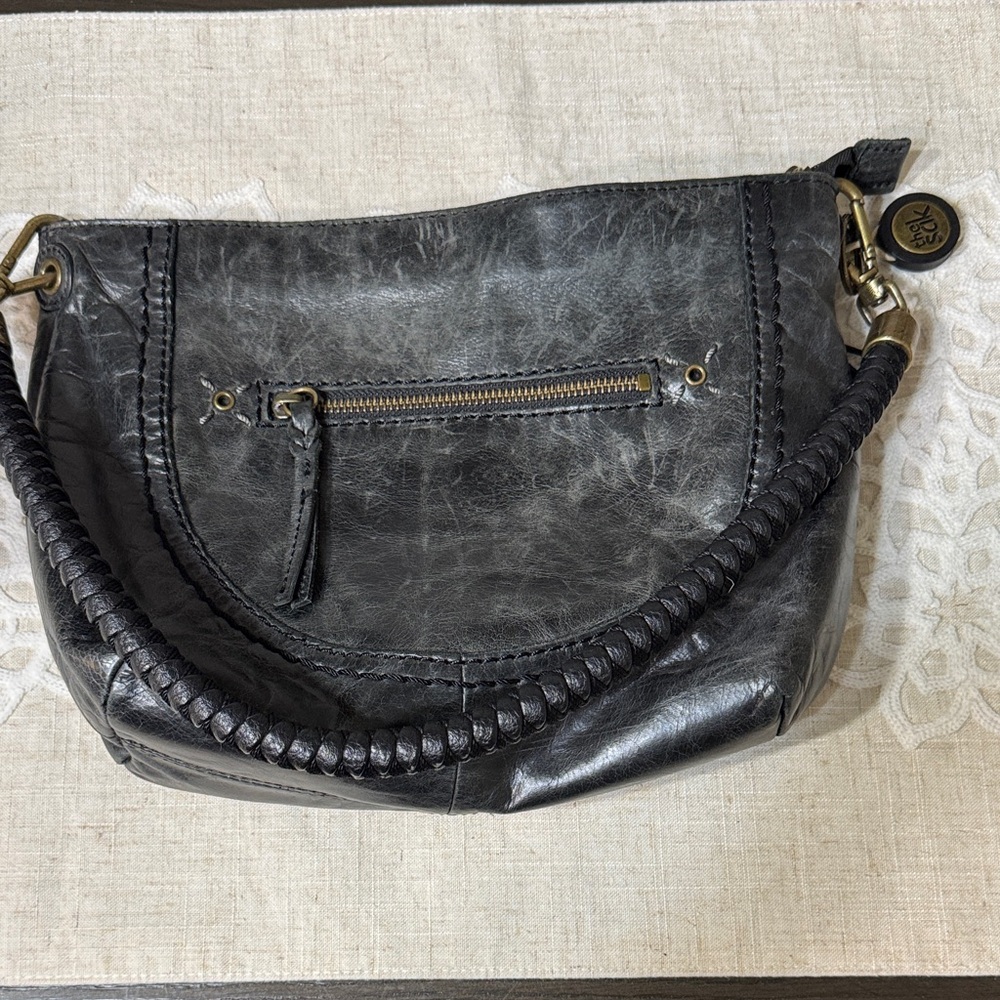 Textured Black Leather Shoulder Bag with Braided Handle